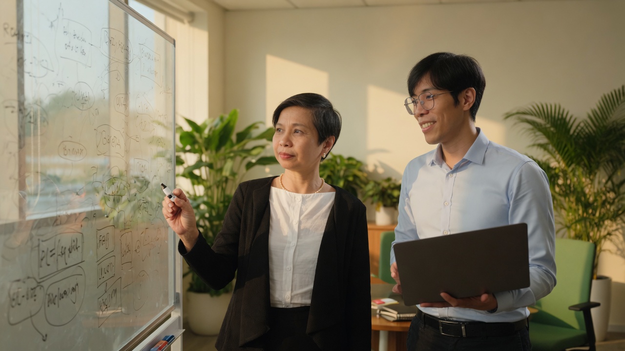 Lerwen Liu at a glass whiteboard with Teeramate Nuanplub holding a laptop