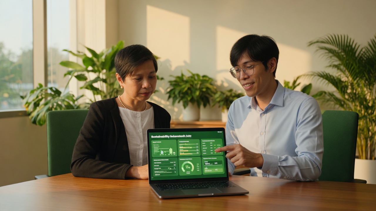 Lerwen Liu and Teeramate Nuanplub reviewing a green dashboard on a laptop
